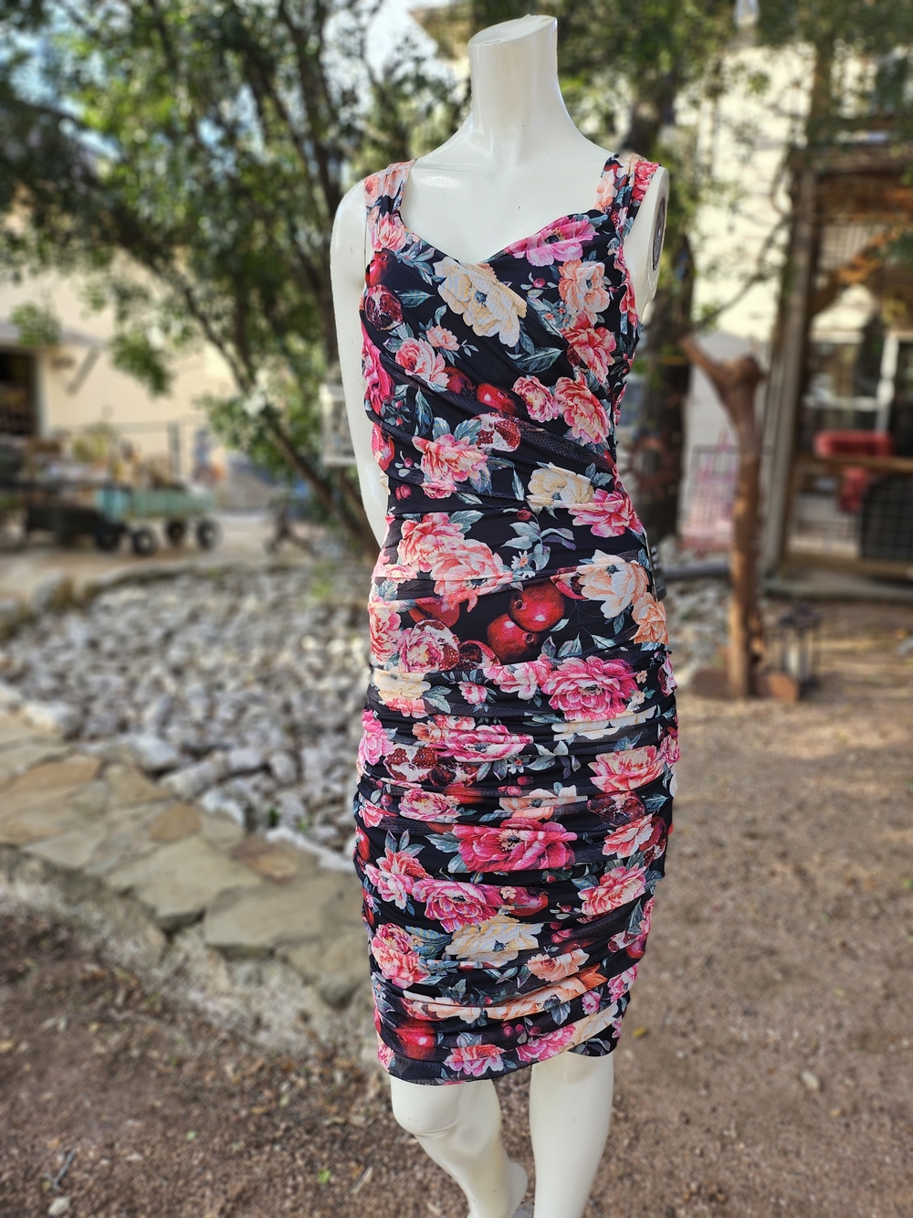 New W Tag Express Floral Ruched Bodycon Dress in Black and Pink M